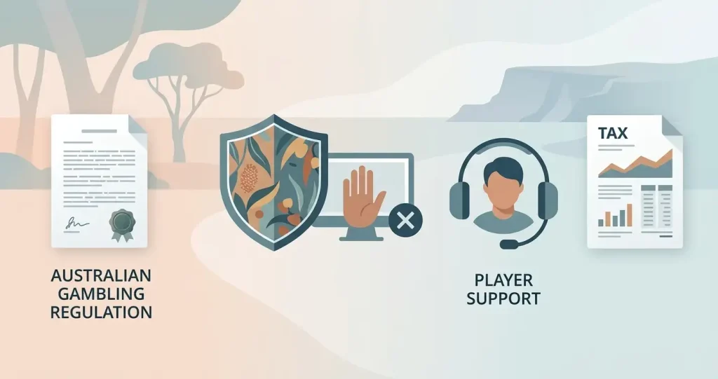 Conceptual Australian gambling regulation illustration with law, self-exclusion, support and tax symbols