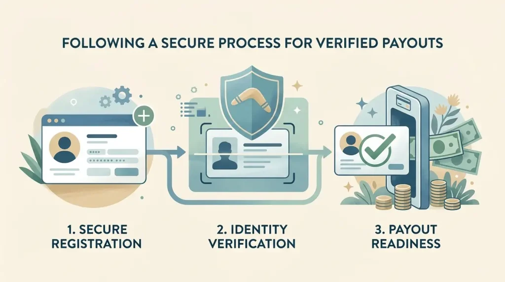Editorial illustration of account registration, identity verification and a payout checkpoint