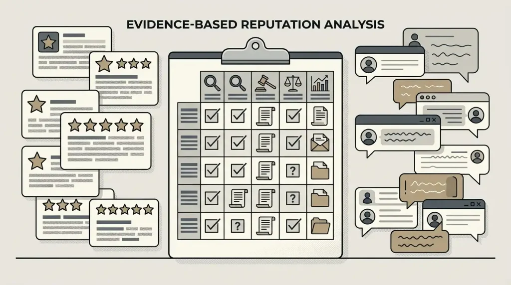 Editorial illustration of review cards, an evidence checklist and support conversation symbols