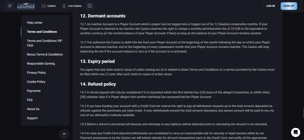 Official SlotLounge terms showing operator and Curaçao licence information
