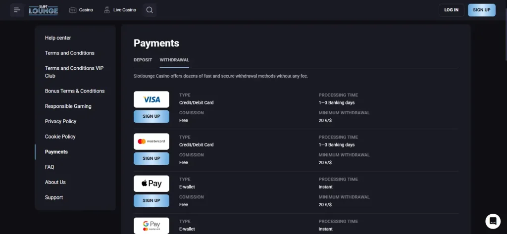 Official SlotLounge withdrawal or payments interface showing available cash-out methods
