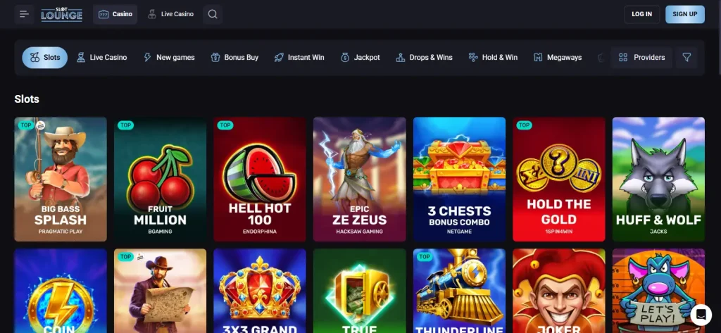 SlotLounge games catalogue showing current pokies and provider filters