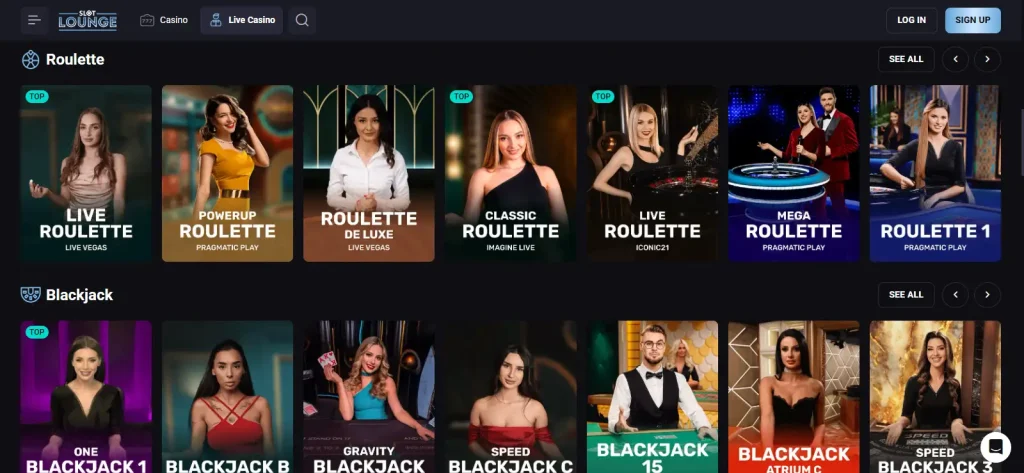 SlotLounge live casino page showing current live dealer table categories