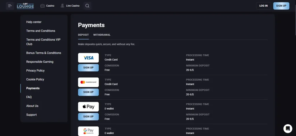 SlotLounge payments page showing deposit and withdrawal method categories
